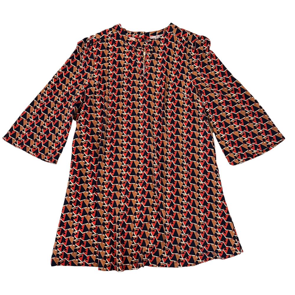 NWT Nordstrom’s Miss Me Tan, Navy, Orange/Red Geometric Print Shift Dress - S